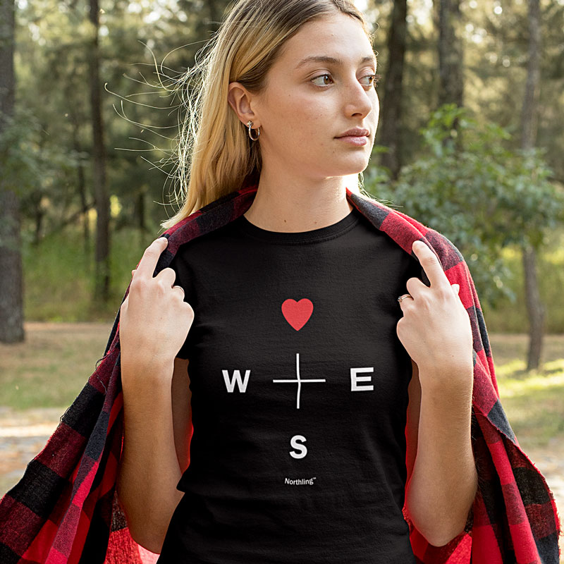 Black t-shirt with north heart compass design by Northling outdoor clothing brand.