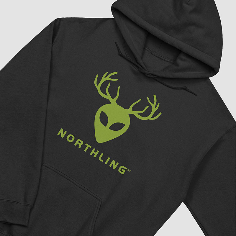 Hoodie by outdoor apparel brand Northling with alien with antlers logo.