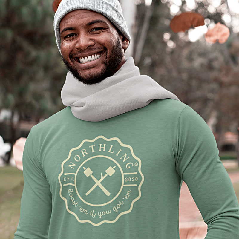 Long sleeve t-shirt with roasting marshmallows design by Northling outdoor clothing brand.