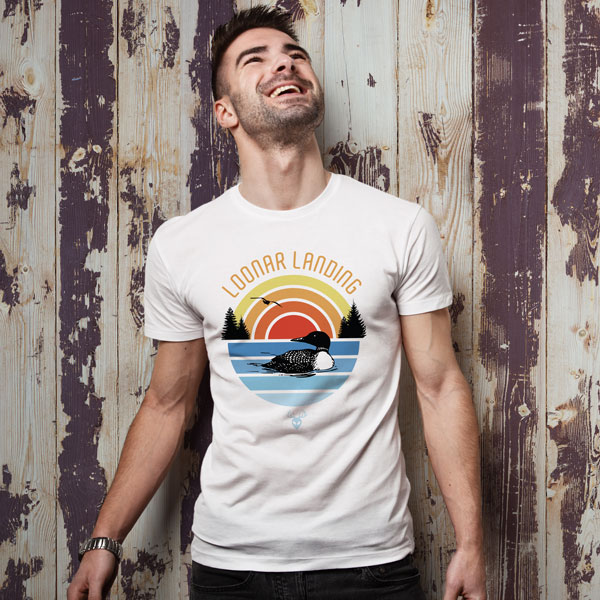 Men's graphic t-shirt design featuring a retro design with a loon by the outdoorsy Northling brand, created by Pete VR.