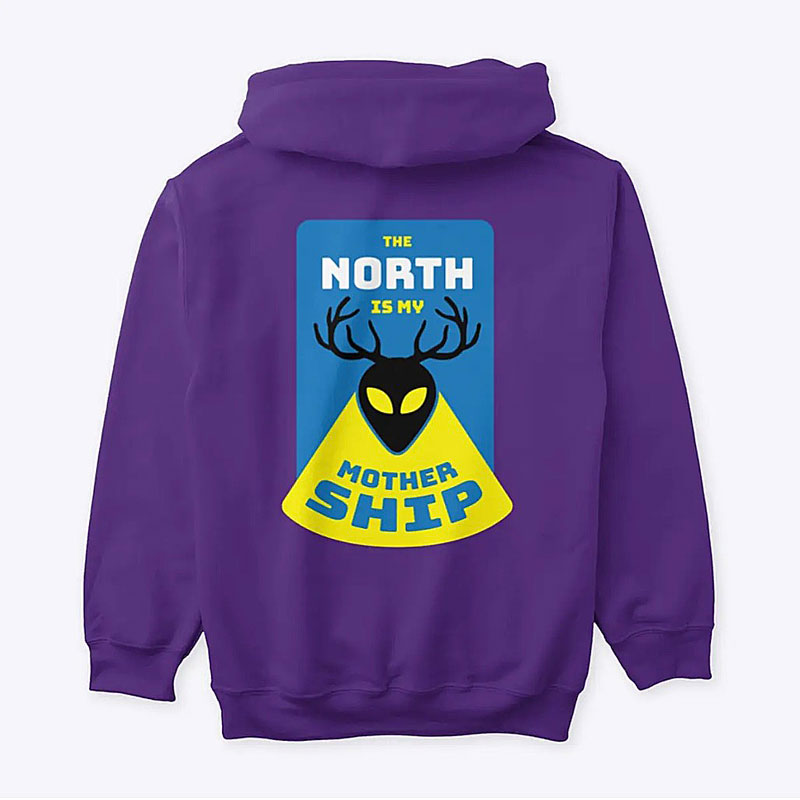 Purple hoodie by outdoor apparel and gear brand Northling with mothership design