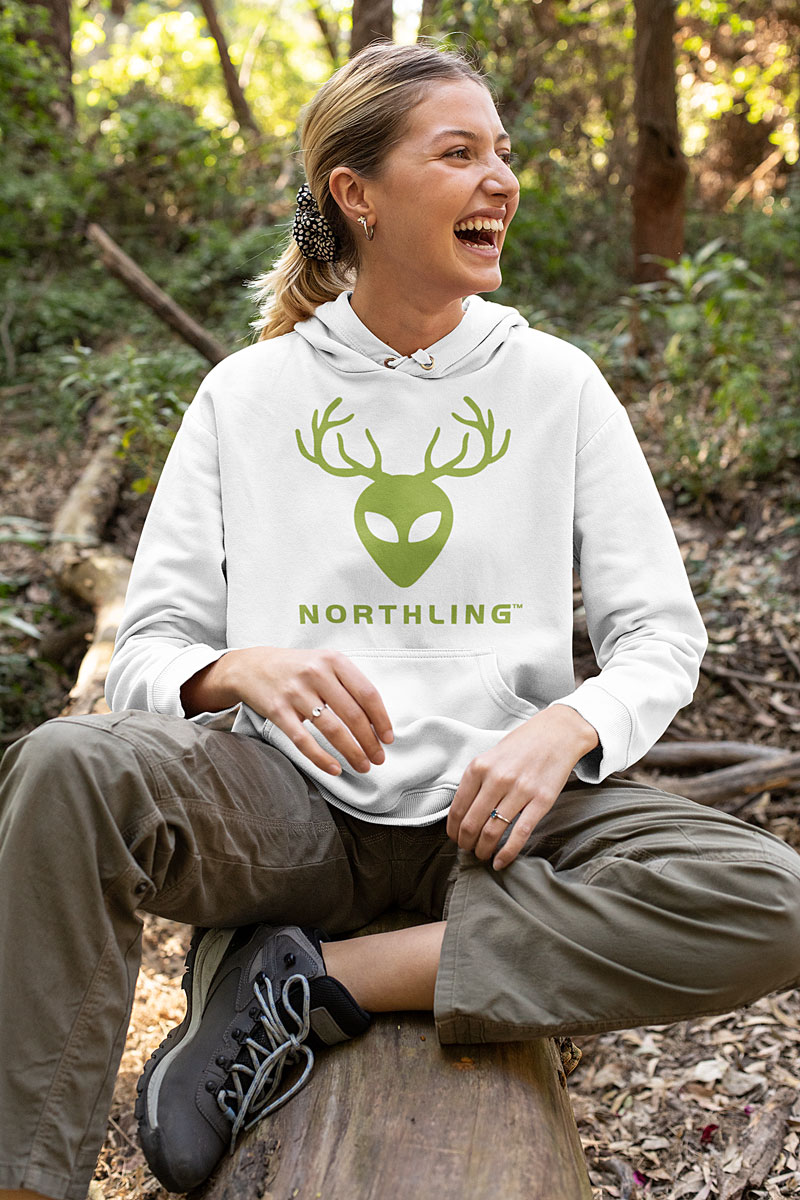 Womens hoodie with alien with antlers logo of outdoor apparel and gear brand Northling.